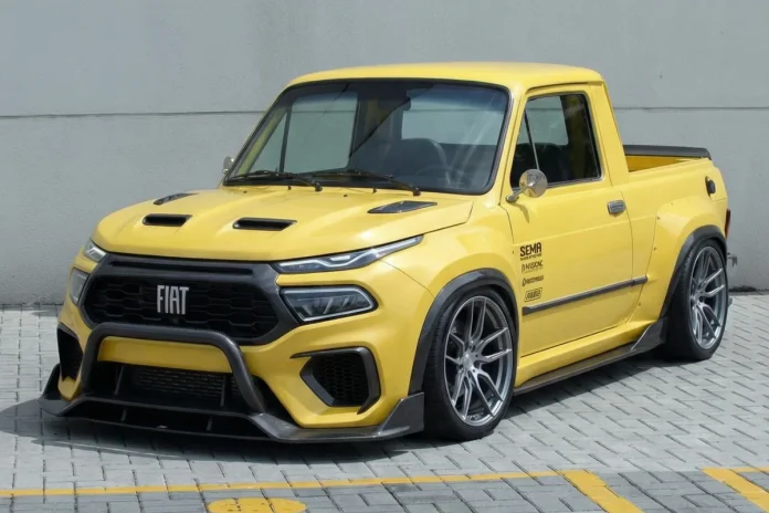 Fiat Torino 147 Concept amarelo customizado, picape esportiva com design moderno e rodas grandes.
