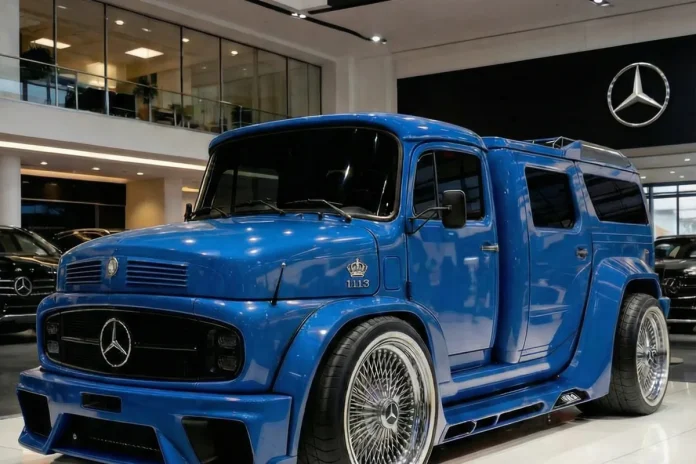 Vista frontal de 3/4 do Mercedes-Benz 1113 Kingpin azul customizado, baixo, com rodas raiadas cromadas.