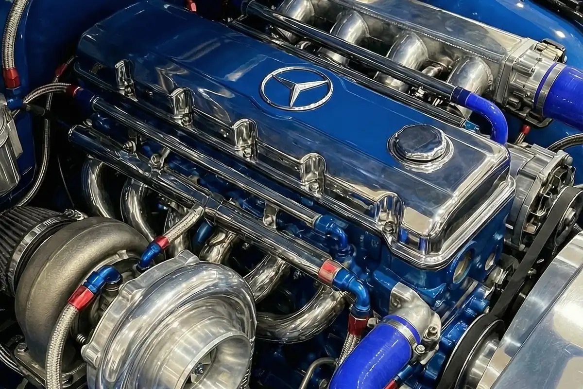 Detalhe do motor customizado azul e cromado, com turbo, mangueiras trançadas e coletores polidos.