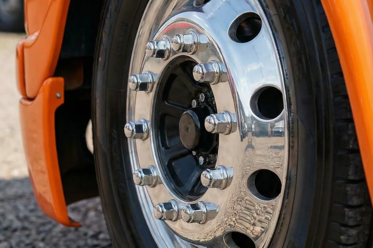 Close-up da roda dianteira cromada brilhante com múltiplos parafusos e pneu da van customizada Scania 111S laranja.