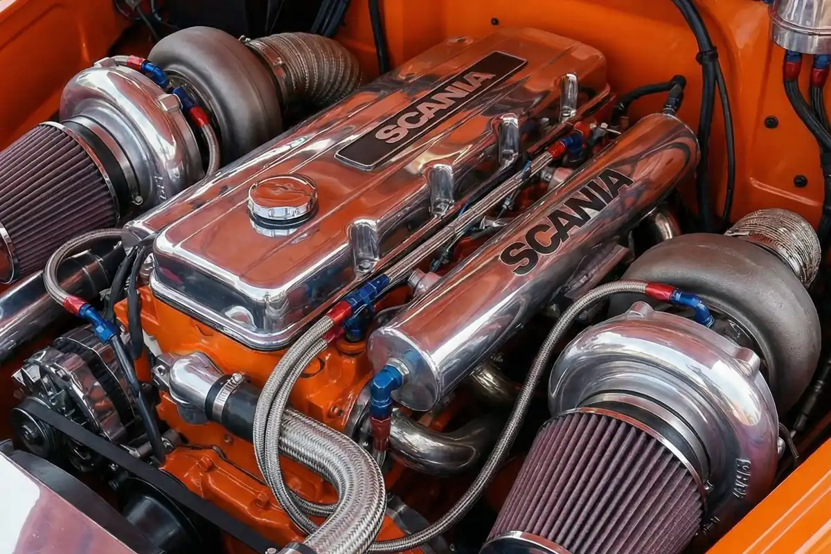 Motorização customizada da Scania 111S: bloco laranja, componentes cromados polidos, dois turbos grandes.
