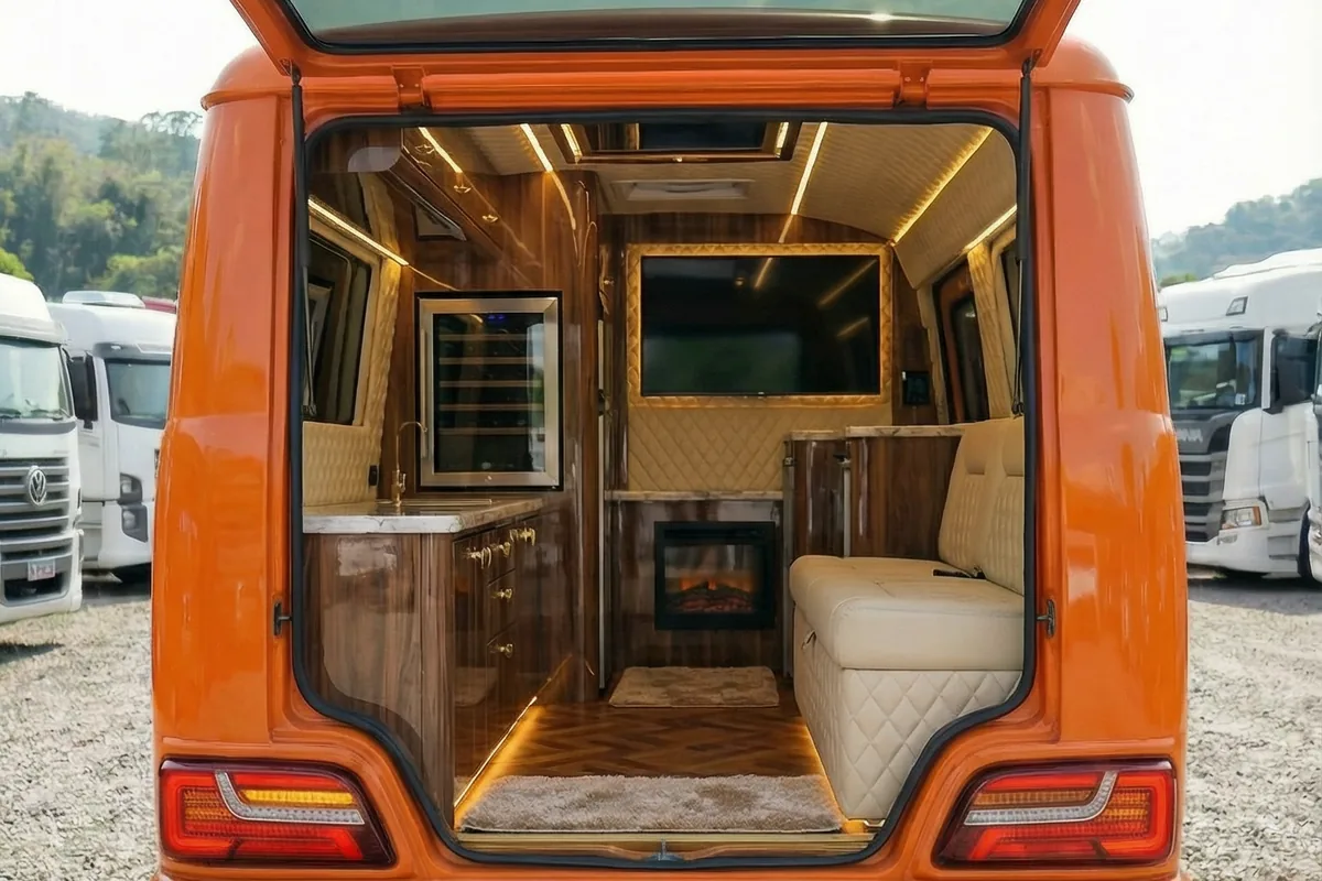Interior de luxo da van Scania 111S visto pela porta traseira. Painéis de madeira, TV, frigobar, lareira e sofá.