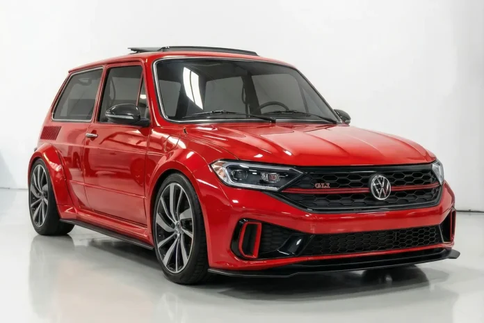 Volkswagen Brasilia GLI 2026 Restomod vermelha em estúdio, vista frontal 3/4. Carro modificado, moderno e esportivo.