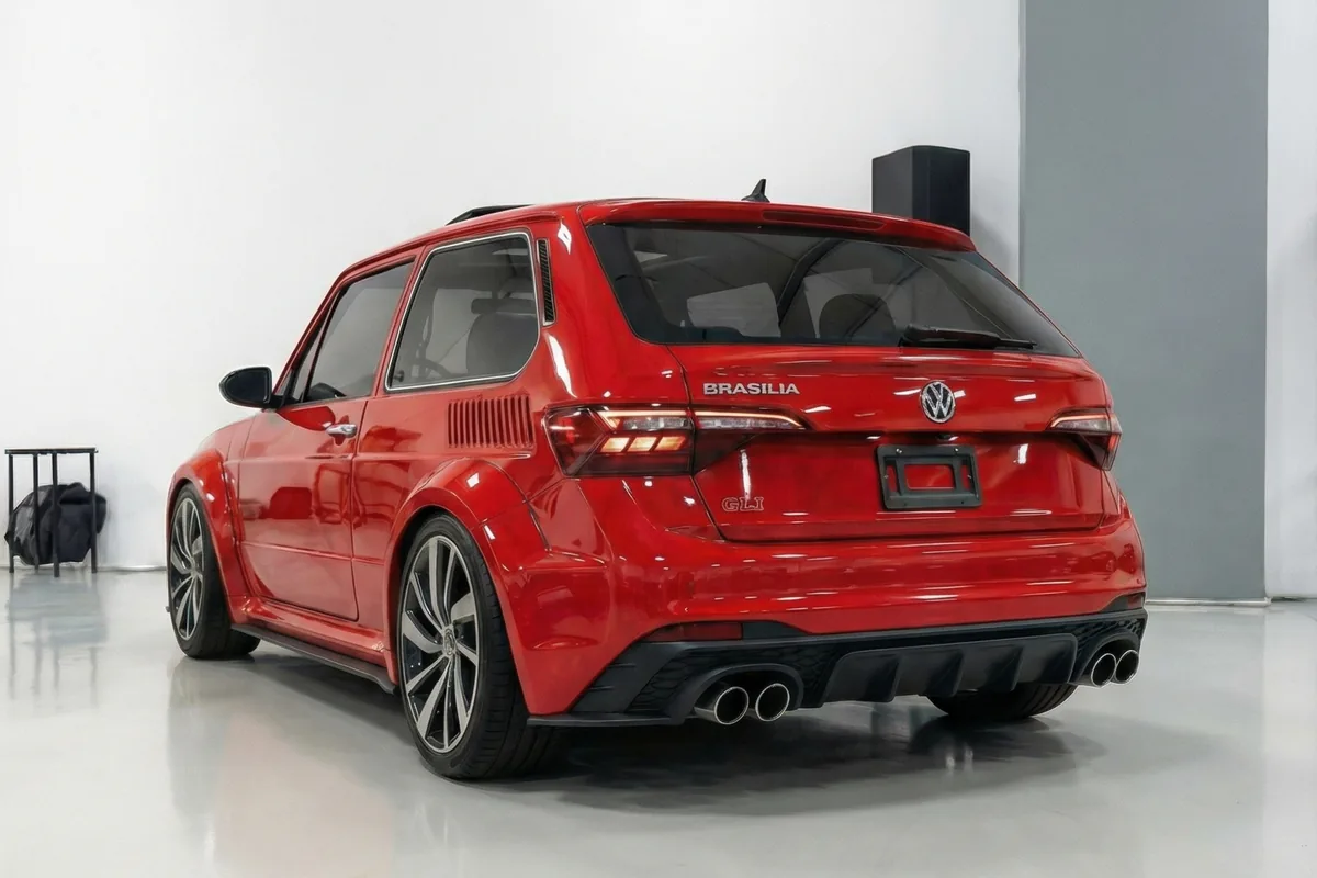 Traseira 3/4 do Volkswagen Brasilia GLI 2026 Restomod vermelha. Lanterna LED, difusor esportivo e quatro saídas de escape.
