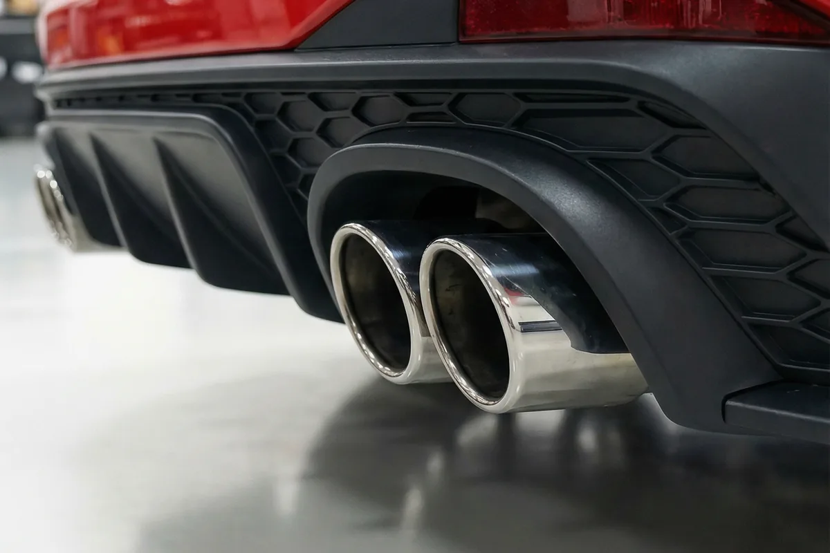 Detalhe das quatro saídas de escape cromadas do Volkswagen Brasilia GLI Restomod e difusor traseiro preto.