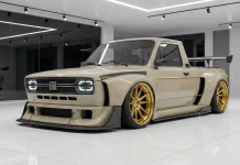 Fiat 147 Picape Restomod: Sandstorm City, o Conceito Clássico Fiat 147 City Sandstorm bege customizado, visão frontal angular, rodas douradas, kit aerodinâmico, LEDs, showroom.