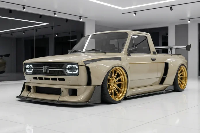 Fiat 147 City Sandstorm bege customizado, visão frontal angular, rodas douradas, kit aerodinâmico, LEDs, showroom.