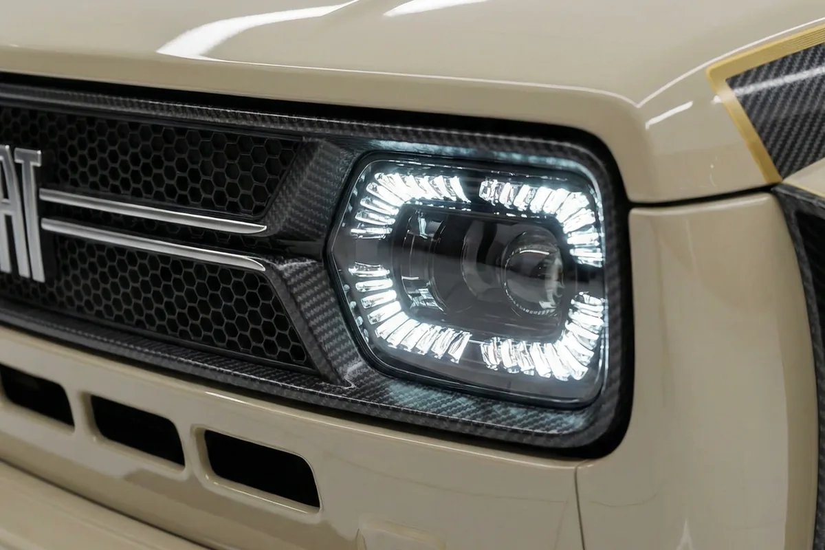 Detalhe do farol esquerdo do Fiat 147 City Sandstorm, com iluminação LED moderna em formato retangular, fibra de carbono.