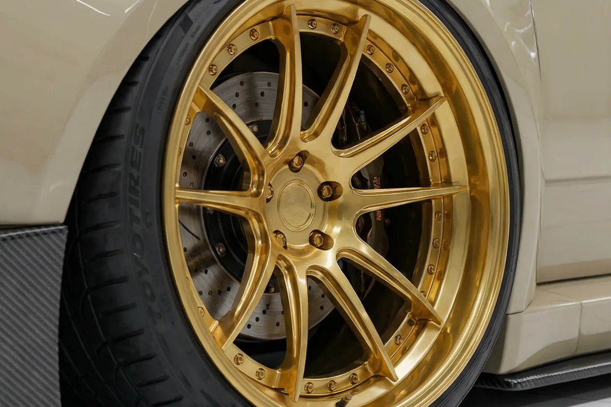 Roda dourada multi-raios do Fiat 147 City Sandstorm, pneu de perfil baixo, freio a disco perfurado, saia em fibra.