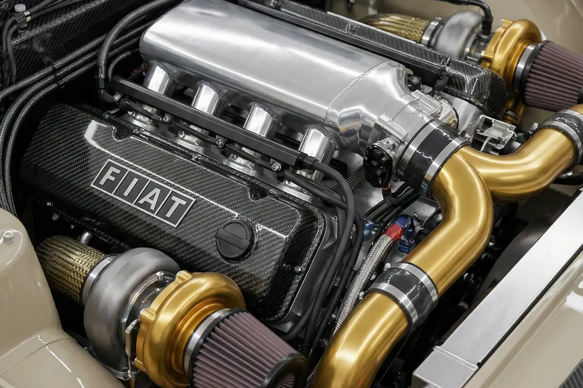Motor detalhado do Fiat 147 City Sandstorm: coletor de alumínio, tubulação dourada, turbos e tampa de válvulas em fibra.