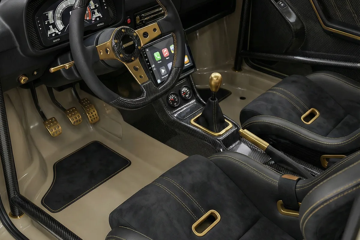 Interior customizado do Fiat 147 Sandstorm: bancos esportivos, fibra de carbono, detalhes dourados, volante MOMO, tela central.