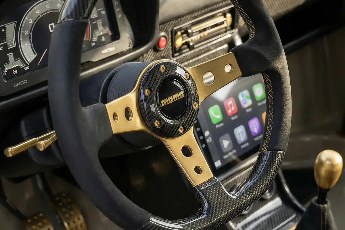 Volante MOMO com detalhes dourados e fibra de carbono, e tela touchscreen central do Fiat 147 City Sandstorm.