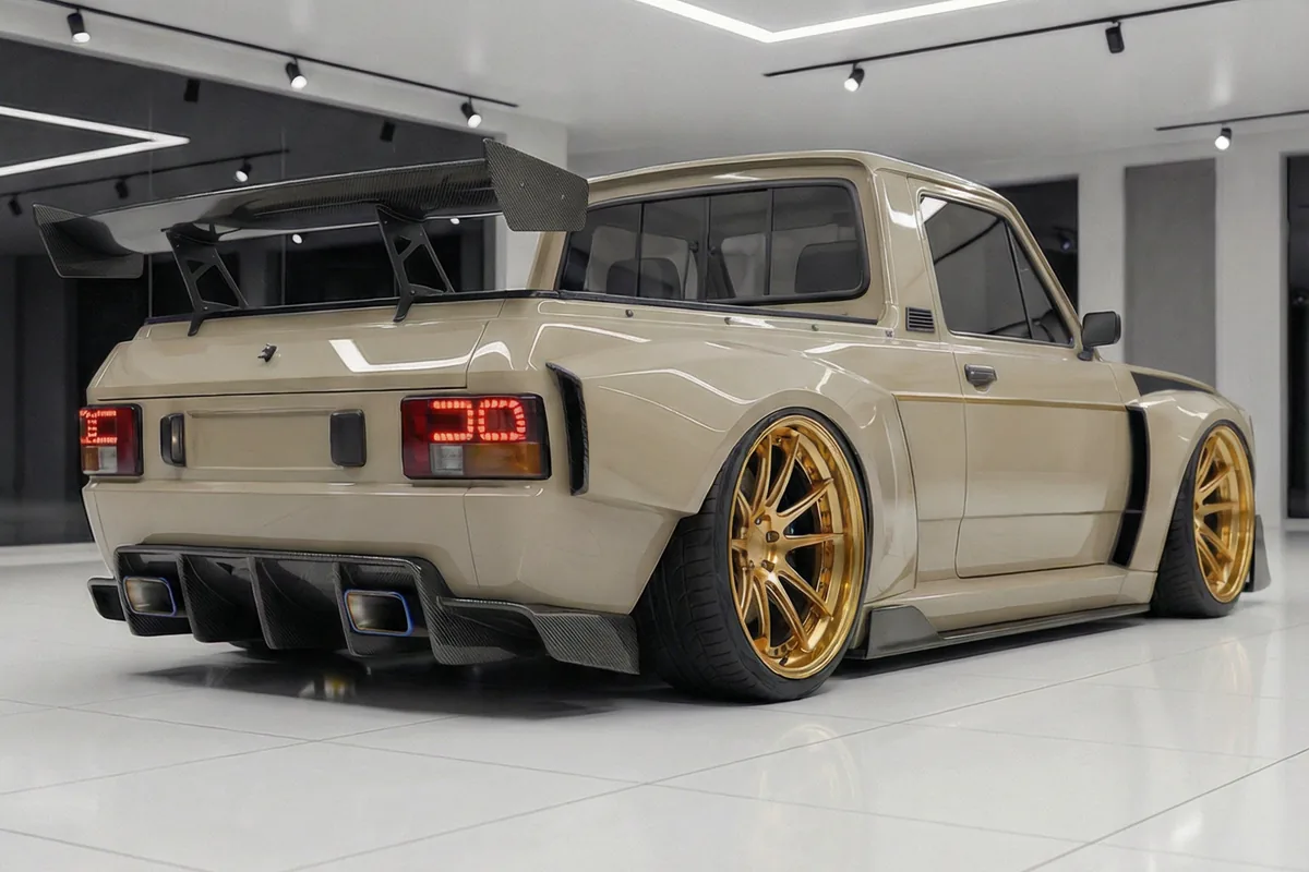 Fiat 147 City Sandstorm bege customizado, visão traseira 3/4, asa de carbono, difusor, escape, rodas douradas.