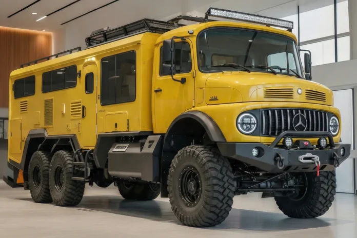 Caminhão aventureiro Mercedes Benz 1113 Juggernaut 6x6 amarelo, vista frontal.