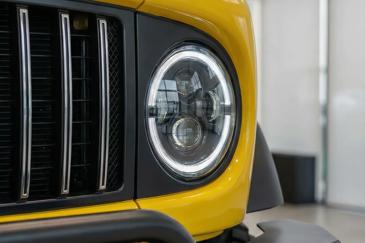Detalhe da grade e farol LED circular moderno do Mercedes Benz 1113 Juggernaut amarelo.