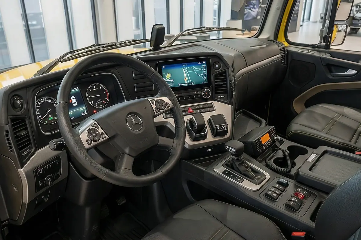 Interior moderno do cockpit do Mercedes Benz 1113 Juggernaut com volante, telas digitais e controles.