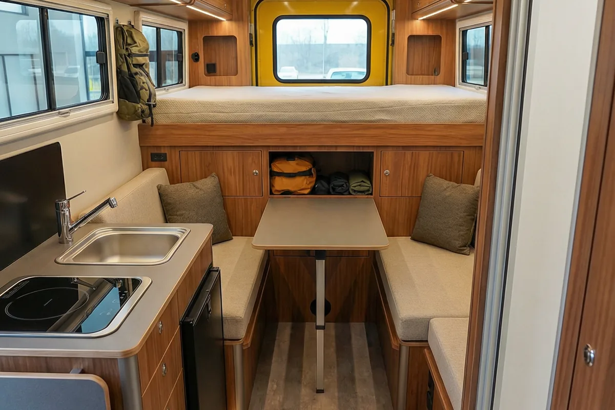 Interior da área de vivência do camper Juggernaut com cozinha, mesa e cama elevada.