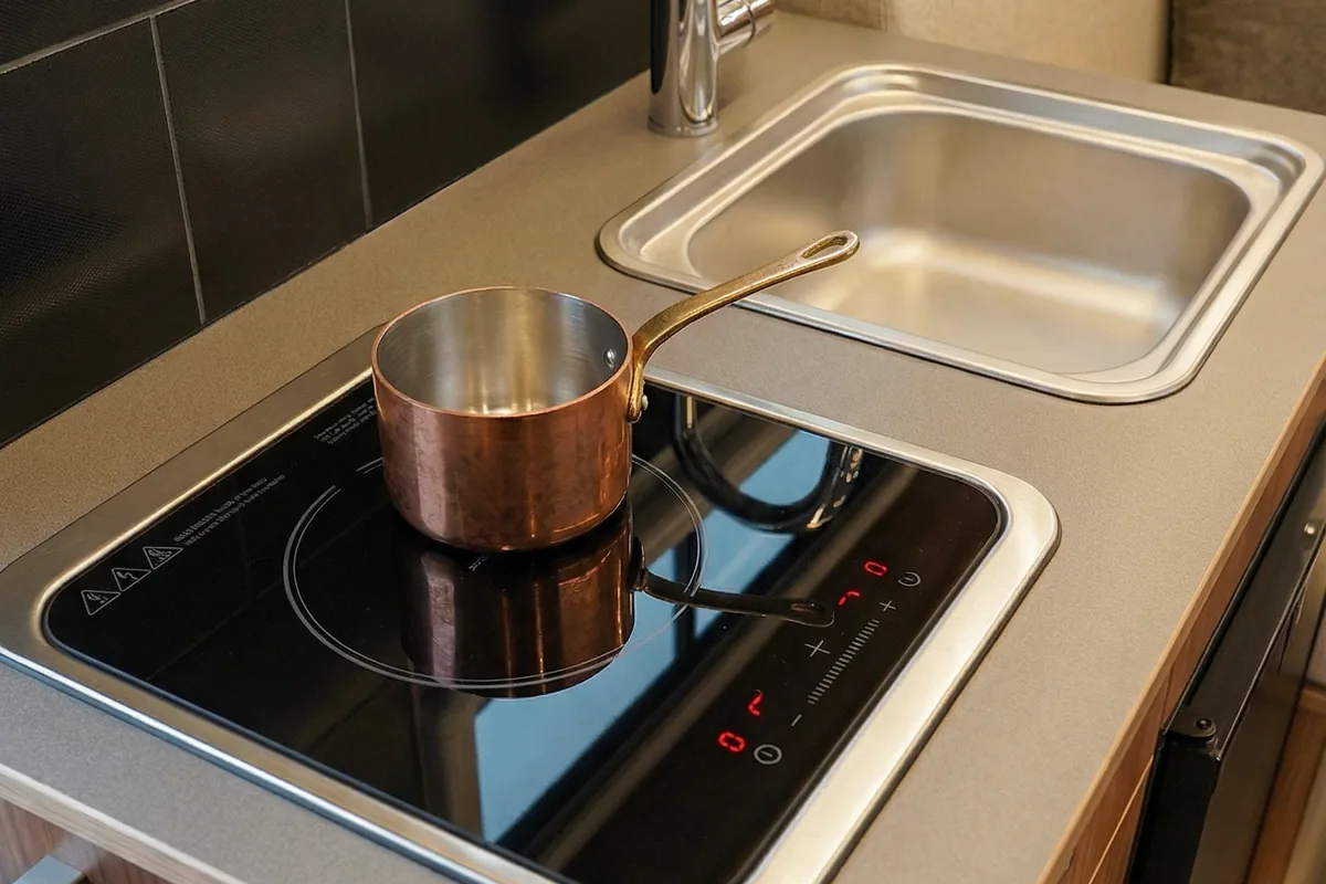 Detalhe da cozinha do camper Juggernaut: pia, fogão de indução com panela de cobre.