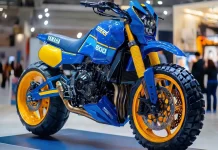 Yamaha Tenere 600 Concept: Raízes Nômades Recriada por IA Motocicleta conceito Yamaha Tenere 600 2026 azul e amarela, visão de 3/4 frontal. Pneus off-road e rodas douradas.