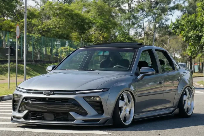 Chevrolet Vectra restomod cinza, rebaixado, frente redesenhada, rodas custom, teto solar, estacionado na rua.