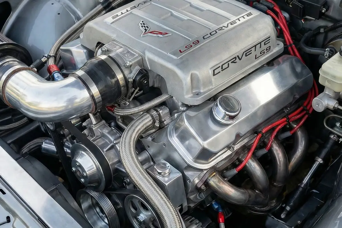 Detalhe do motor V8 Chevrolet LS9 Corvette cromado, com cabeçotes prateados e cabos vermelhos no cofre.