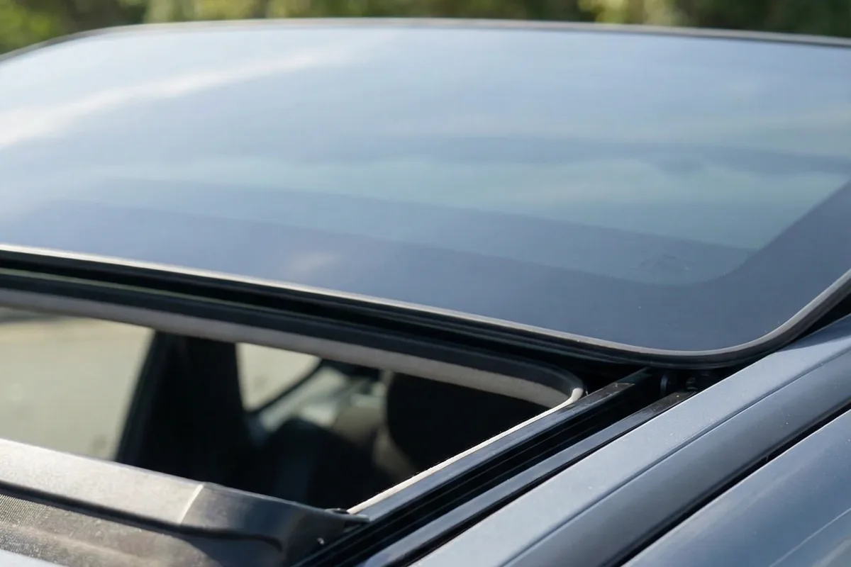 Detalhe do teto solar elétrico do Vectra restomod, aberto, com o vidro deslizante parcialmente visível.