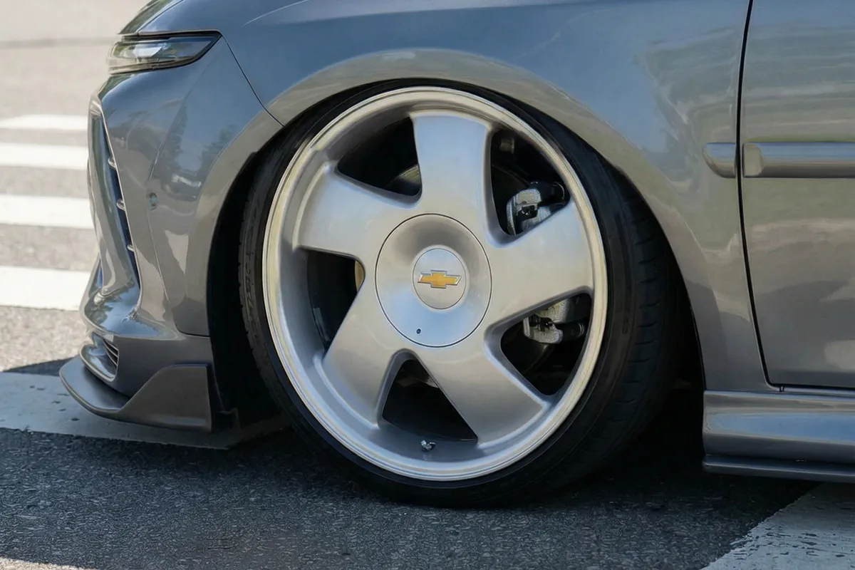 Detalhe da roda dianteira direita do Vectra restomod, grande, cinco raios prateados, emblema Chevrolet.