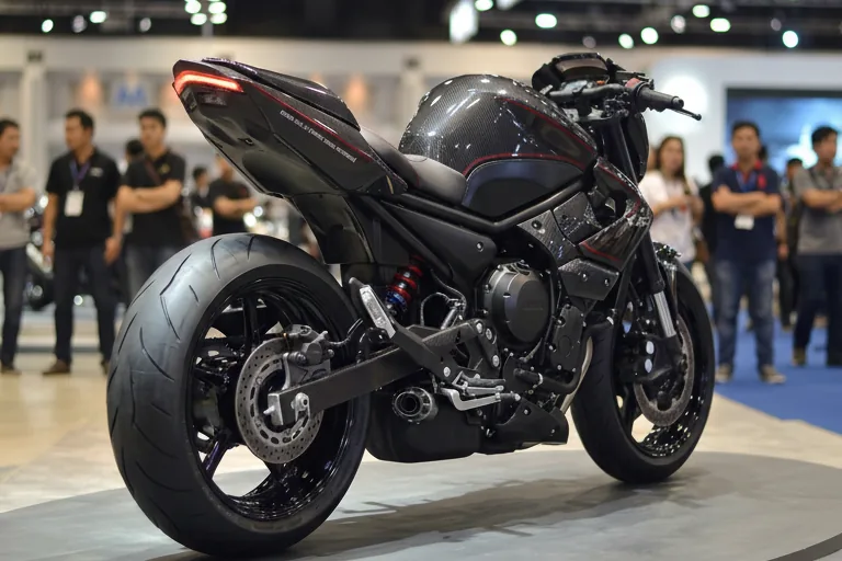 Vista traseira em três quartos da Yamaha XJ6 X concept preta em carbono exposta em salão automotivo