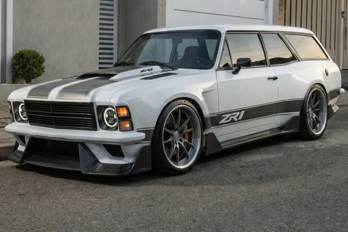 Chevrolet Caravan branca em conceito widebody, vista em três quartos dianteiro numa rua residencial.