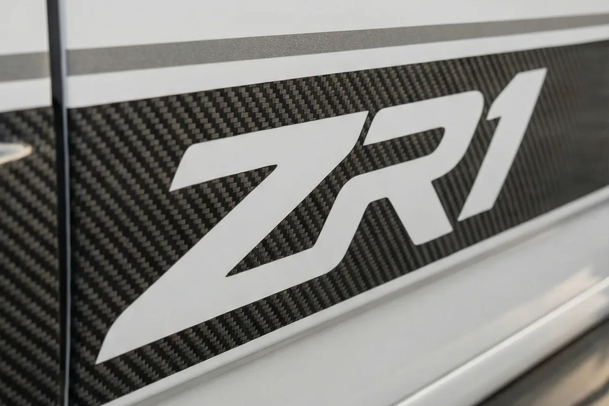 Painel lateral em fibra de carbono da Caravan conceito com a sigla ZR1 em letras brancas.
