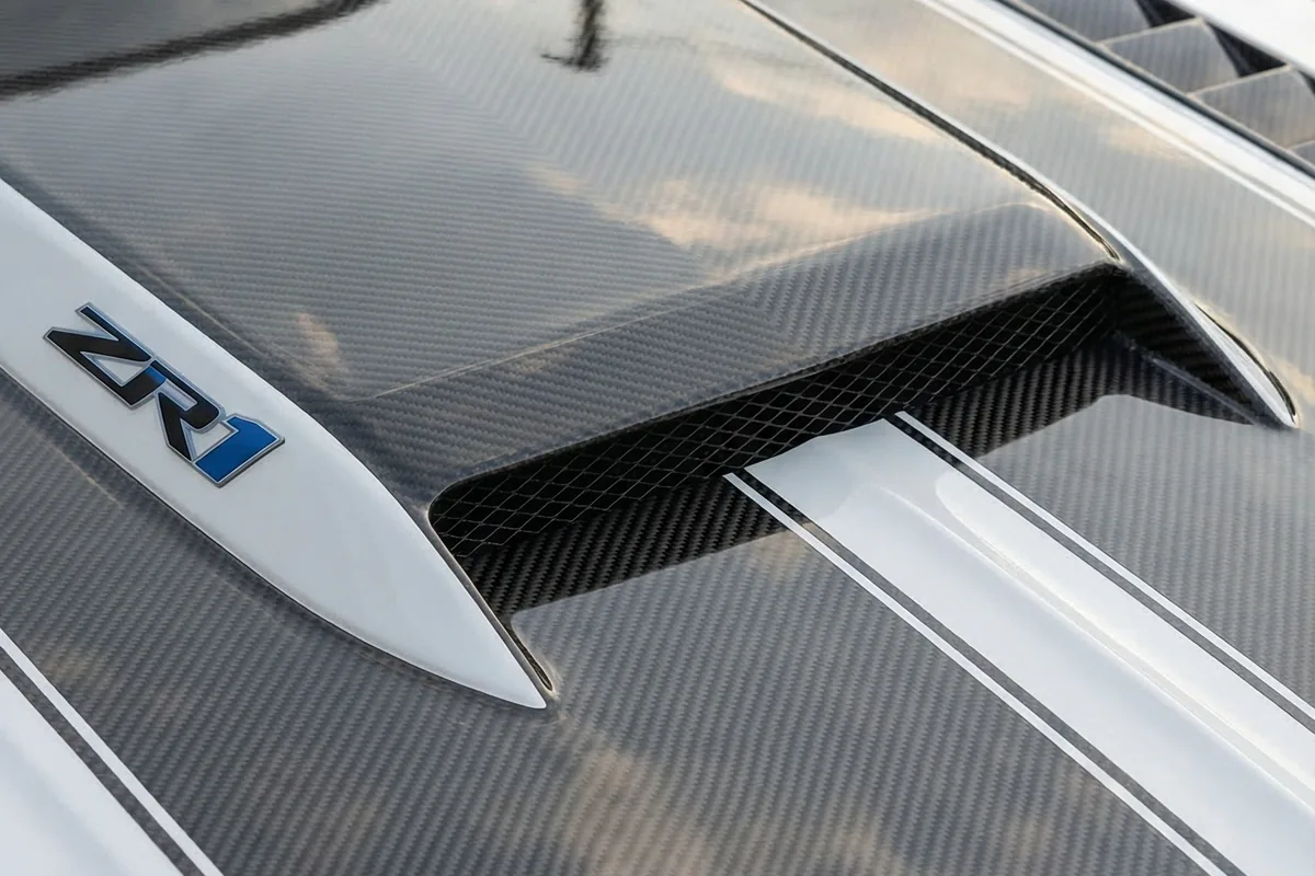 Capô da Caravan conceito com seção central de fibra de carbono, tomadas de ar e emblema ZR1 azul.