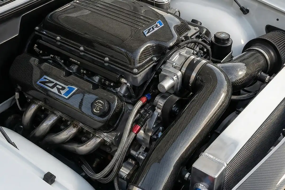 Motor V8 com compressor volumétrico exposto no cofre da Caravan conceito, com tampa escrita ZR1.