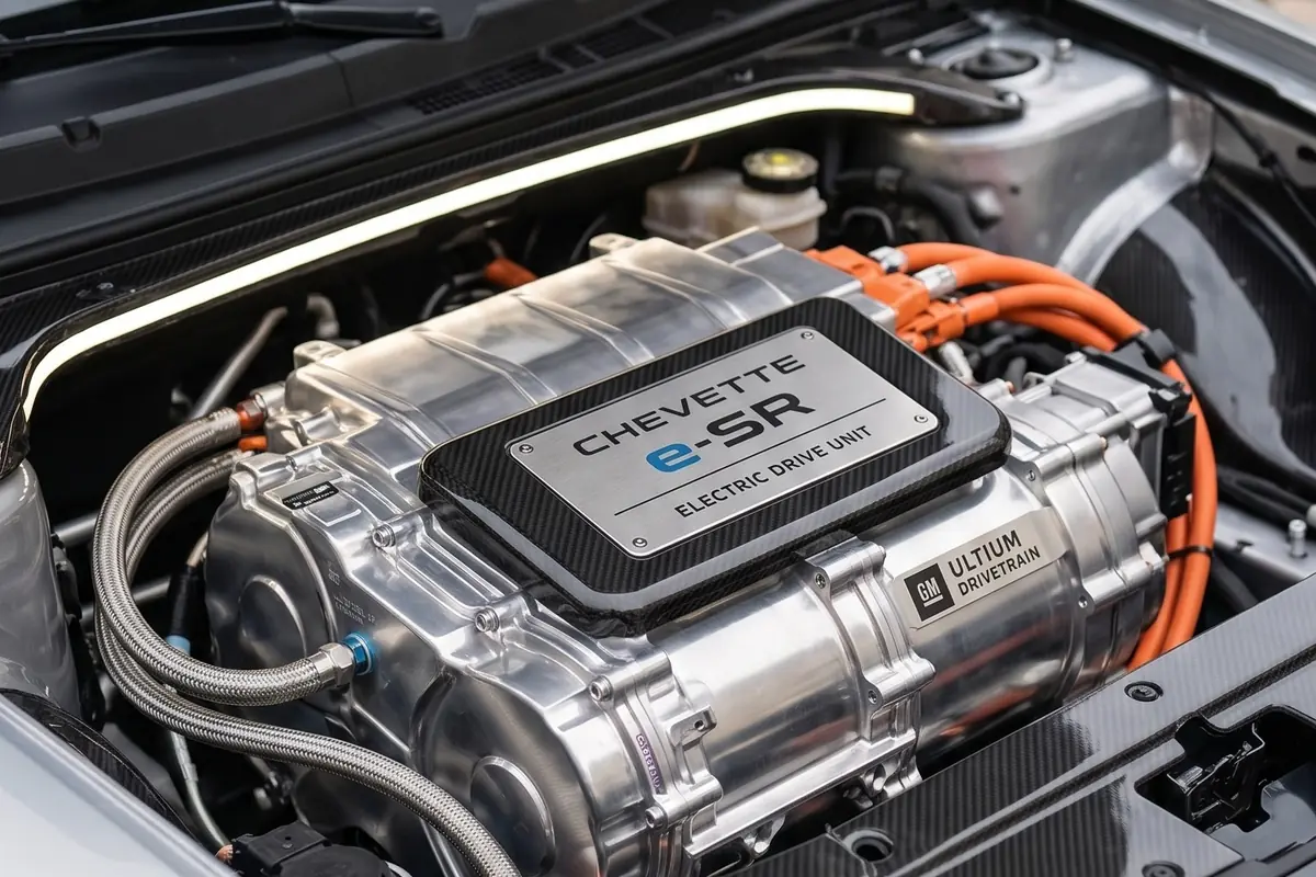 Conjunto elétrico com carcaça transparente e a placa CHEVETTE e-SR Electric Drive Unit.