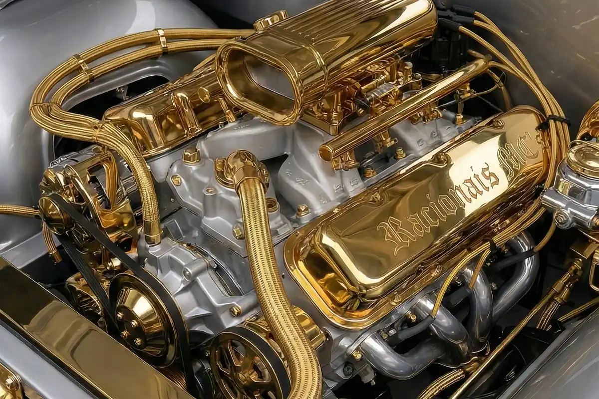 Motor V8 com tampas de válvula douradas e tubulação de admissão dourada sobre o bloco.