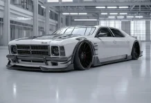 Chevrolet Opala ZR: o clássico reimaginado por IA com o V8 que nunca teve Chevrolet Opala branco em conceito widebody, visto em três quartos dianteiro dentro de um galpão industrial.