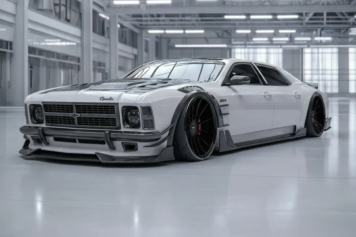 Chevrolet Opala branco em conceito widebody, visto em três quartos dianteiro dentro de um galpão industrial.