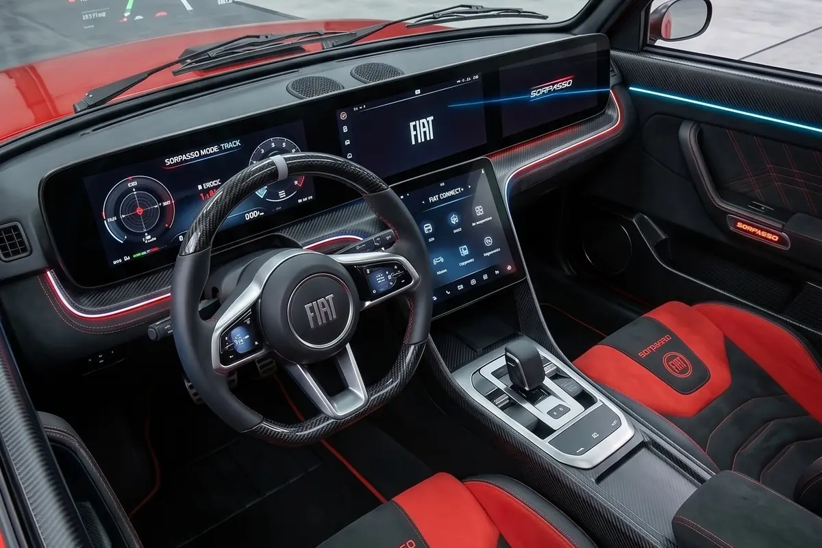 Interior do Fiat 147 conceito em vermelho e preto, com bancos concha e painel digital de ponta a ponta.