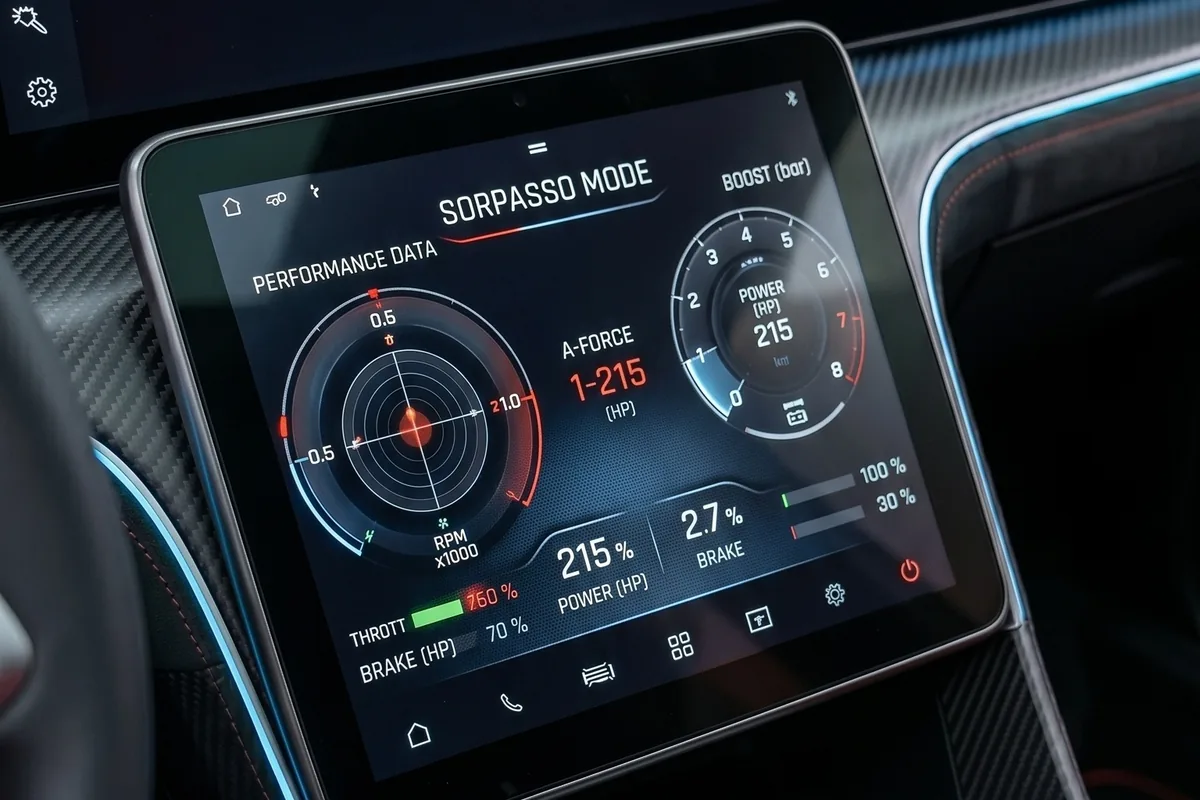 Tela central do Fiat 147 conceito exibindo SORPASSO MODE com dados de força G, turbo e potência.