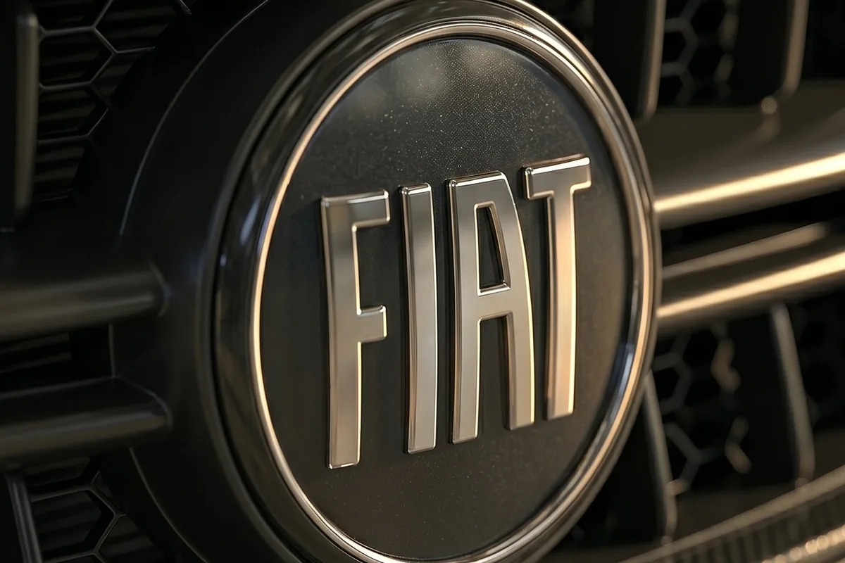 Emblema redondo da Fiat em metal escovado sobre a grade colmeia escura da Marea conceito.