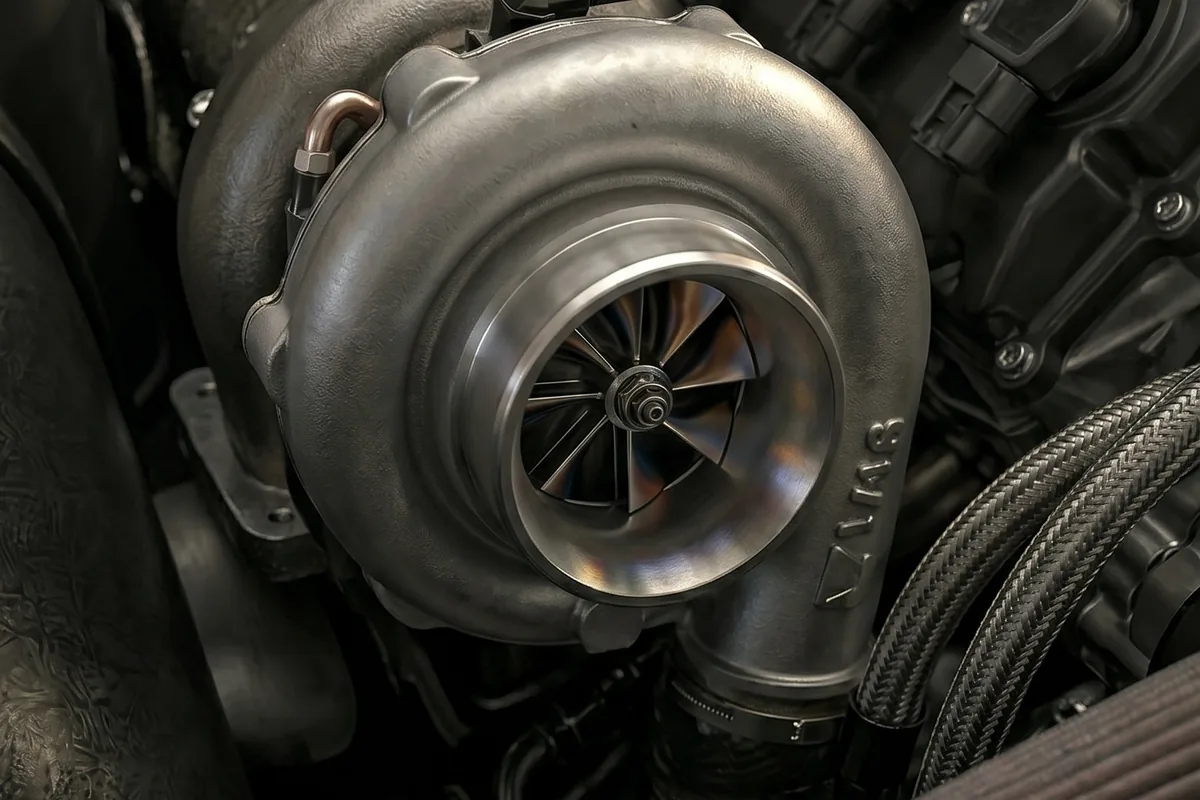 Turbo exposto no vão da Marea conceito, com a carcaça do compressor voltada para a câmera.