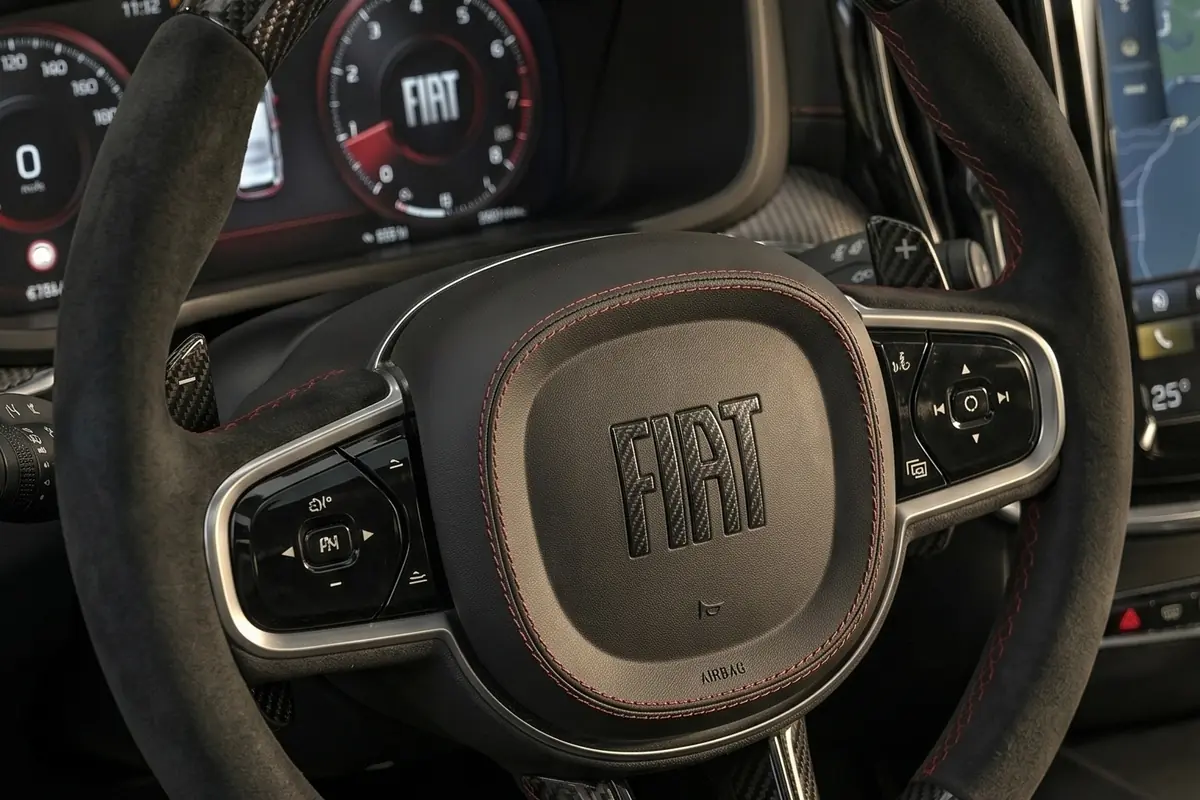 Volante de aro achatado da Marea conceito, com emblema Fiat em relevo e costura vermelha.