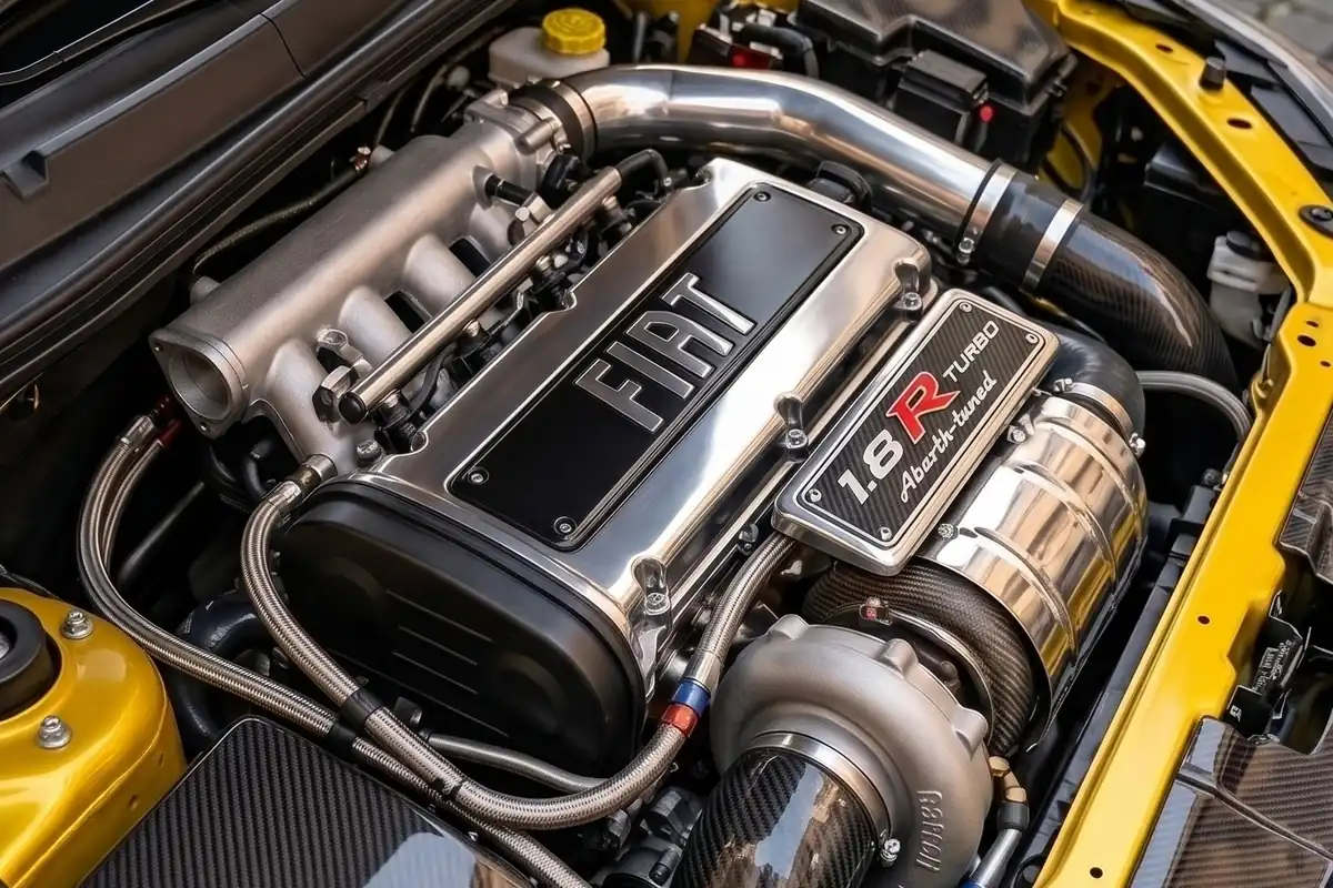 Motor Fiat 1.8R Turbo Abarth-tuned polido com turbocompressor, mangueiras trançadas e tampa com logo Fiat