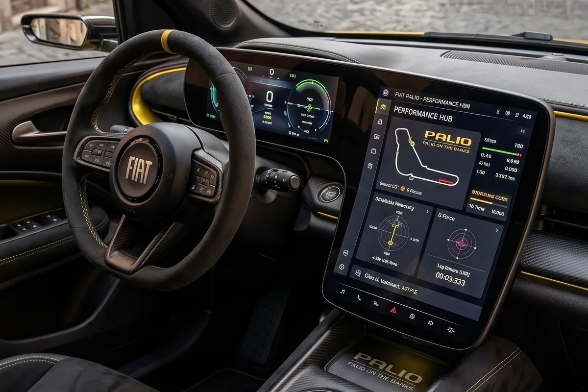 Interior do Palio 1.8R com volante Fiat de alcântara, painel digital e tela central com Performance Hub ativo