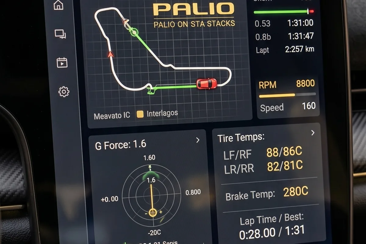 Tela do Performance Hub mostrando mapa de circuito, força G 1.6, temperatura dos pneus e tempo de volta 0:28