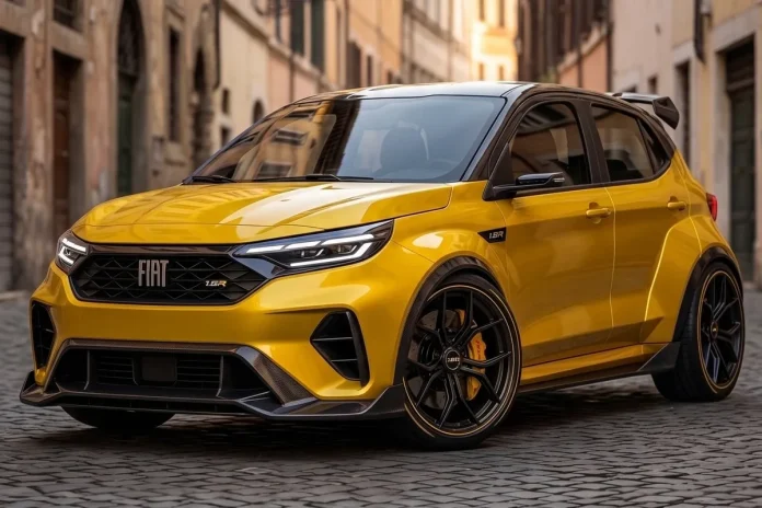 Fiat Palio 1.8R Concept amarelo em rua de paralelepípedos, com spoiler, rodas pretas e kit aerodinâmico esportivo