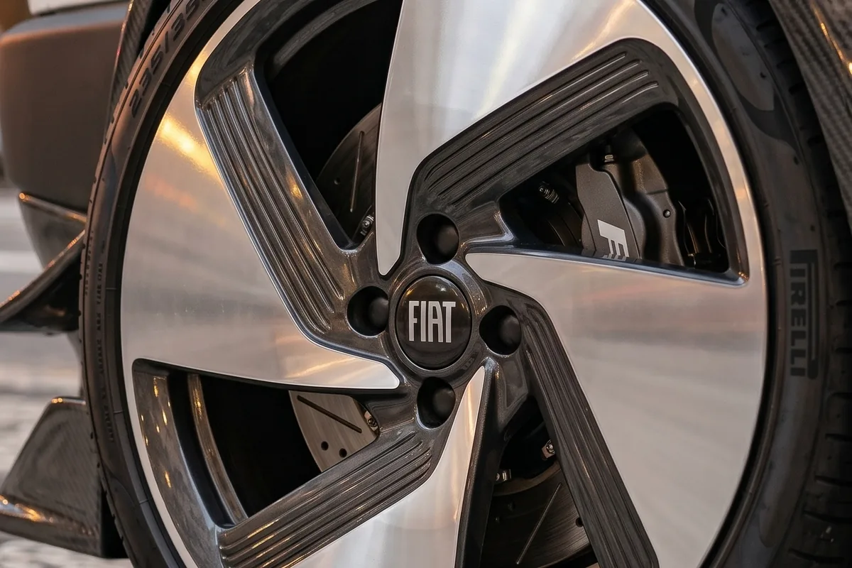 Roda aerodinâmica fechada do Fiat Uno conceito, com emblema Fiat ao centro e pneu Pirelli.
