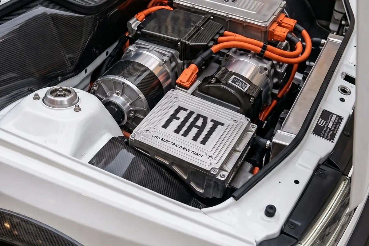 Vão dianteiro do Fiat Uno conceito com conjunto elétrico e cabos laranja de alta tensão.