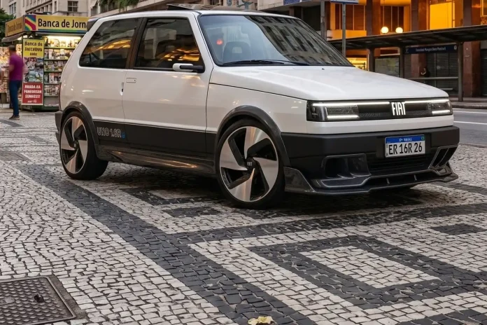 Fiat-Uno-1.6R-E-Restomod-17 Fiat Uno branco em conceito elétrico, visto em três quartos numa rua do centro de São Paulo, sobre calçada portuguesa.