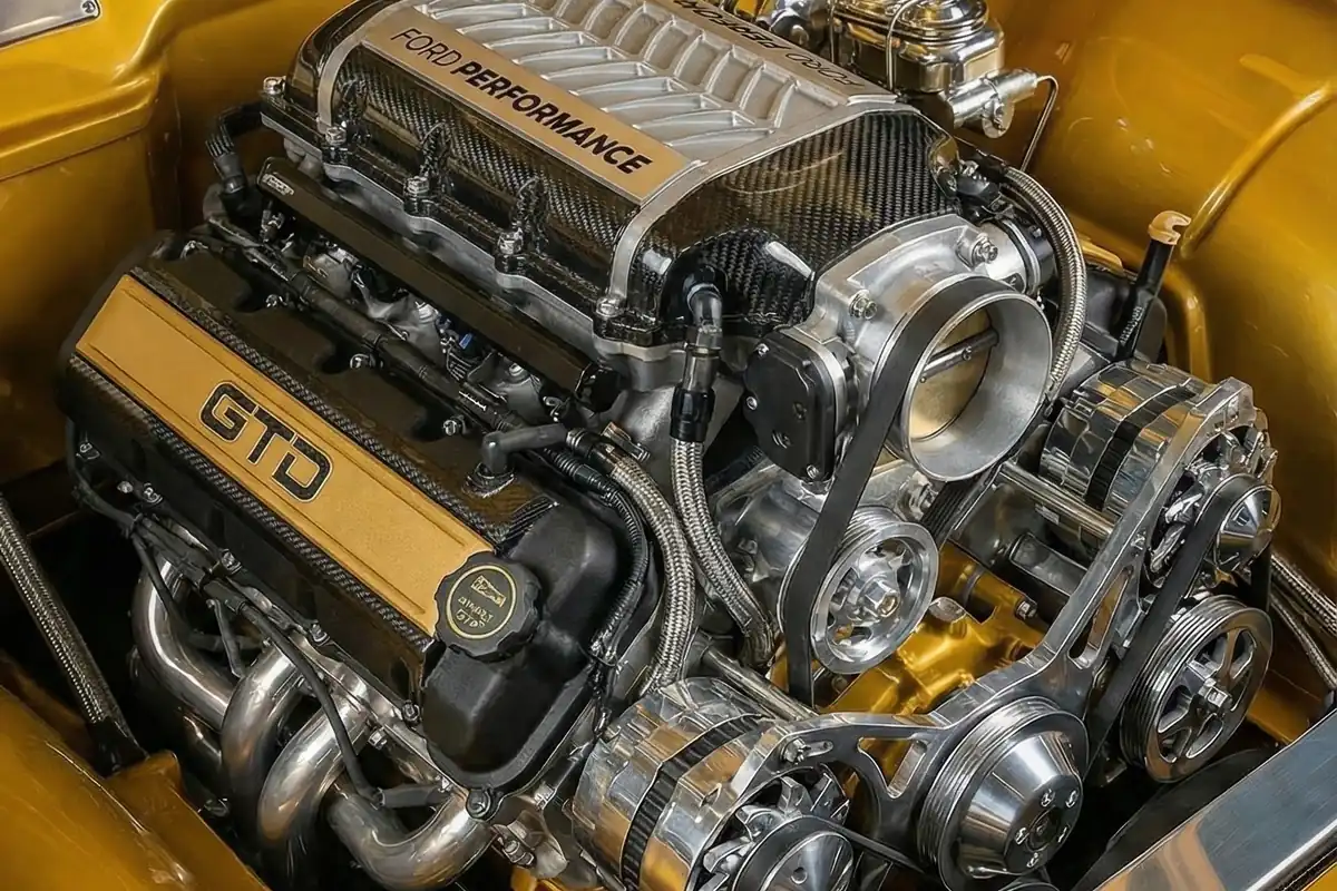 Motor V8 da Belina conceito com admissão escrita FORD PERFORMANCE e compressor entre os cabeçotes.