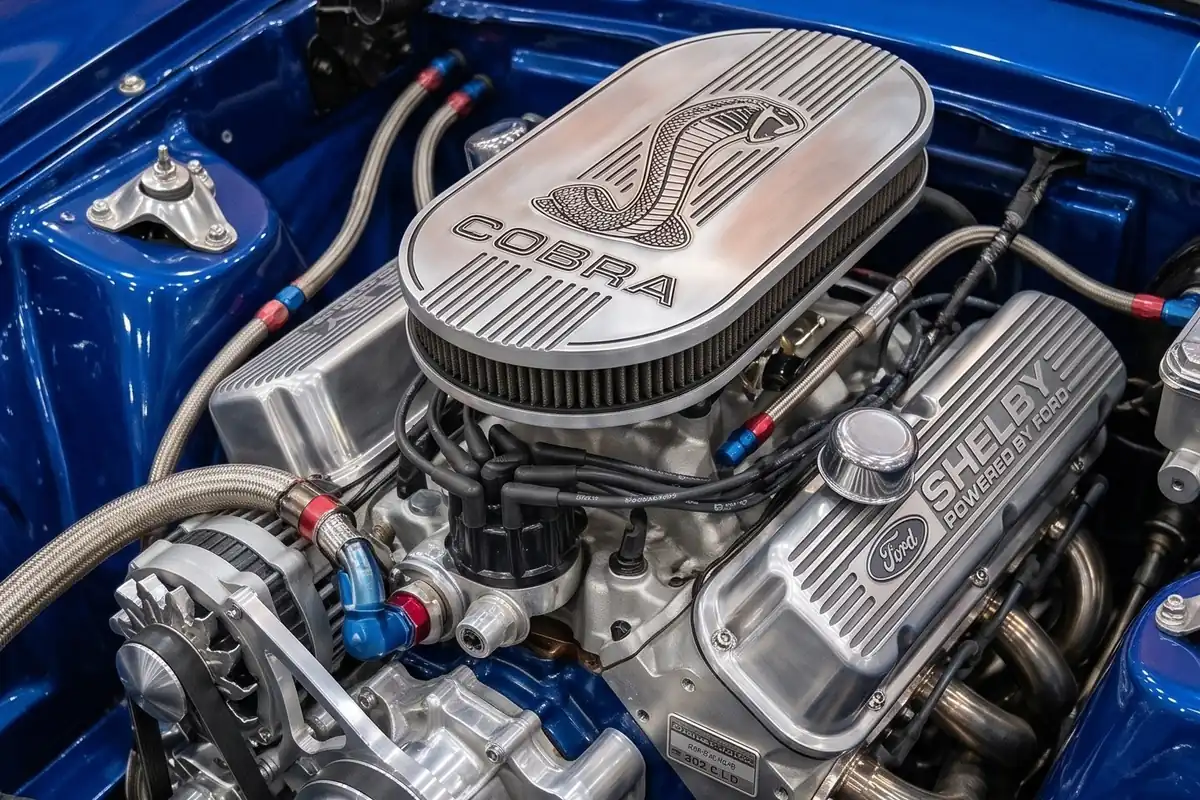 Vão do motor do Corcel conceito com V8, filtro de ar cromado escrito COBRA e tampas SHELBY.